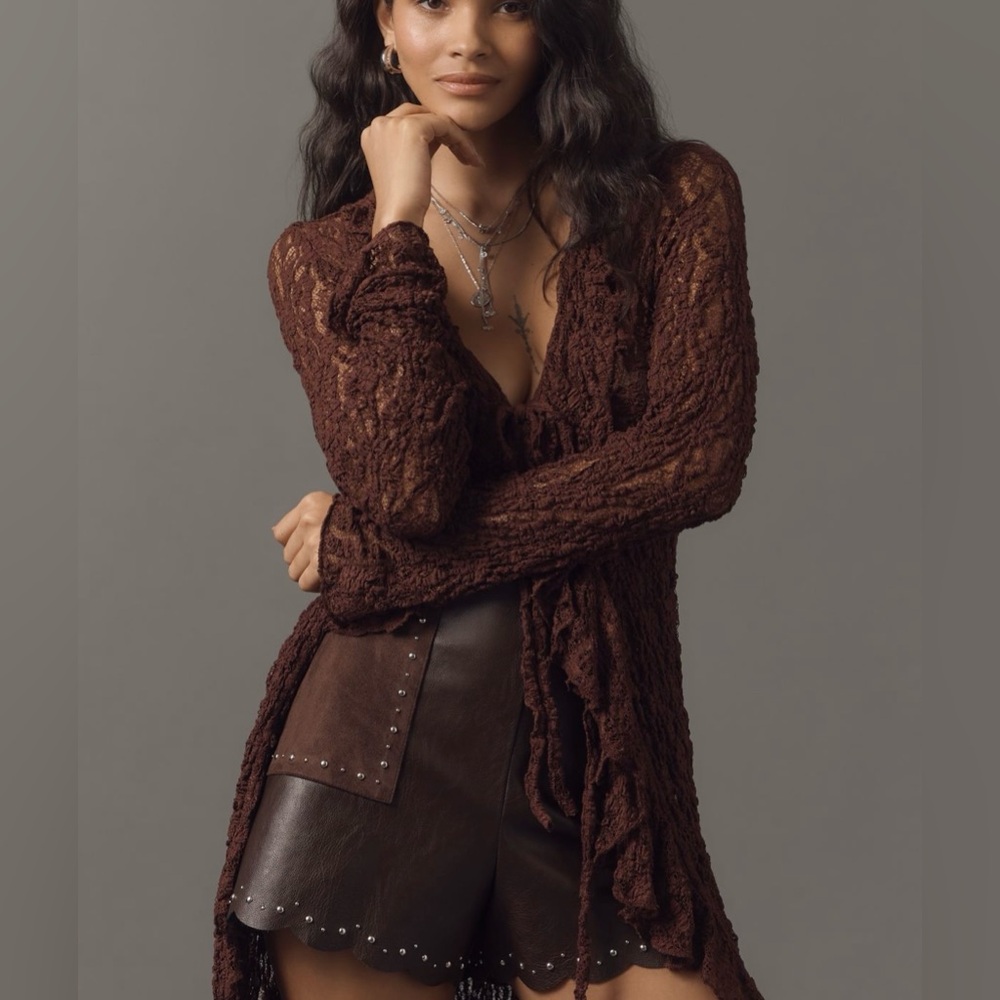 Anthropologie Dark Brown Studded High Waist Shorts NWT - Picture 4 of 8